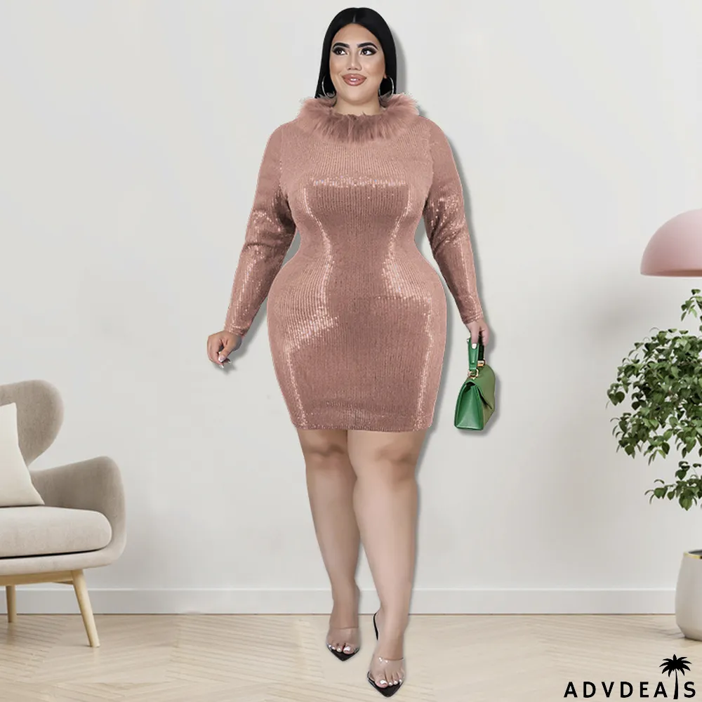 Plus Size Autumn Women's Fur Collar Velvet Bottom Embroidered Sequin Dress