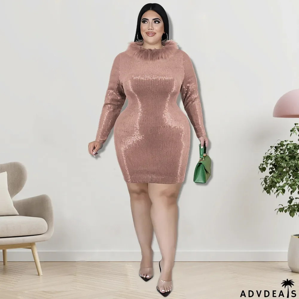 Plus Size Autumn Women's Fur Collar Velvet Bottom Embroidered Sequin Dress