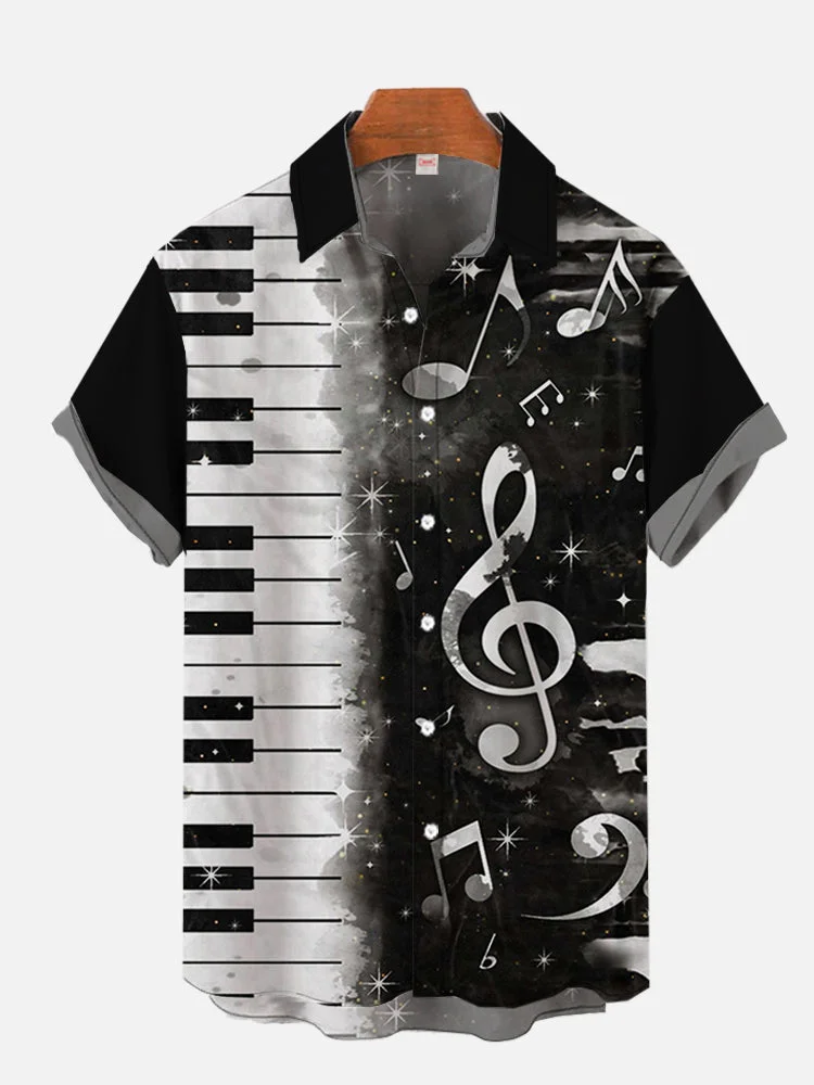 Music Elements Guitar Piano Trend Rock Pattern Hawaiian Short Sleeve Shirt