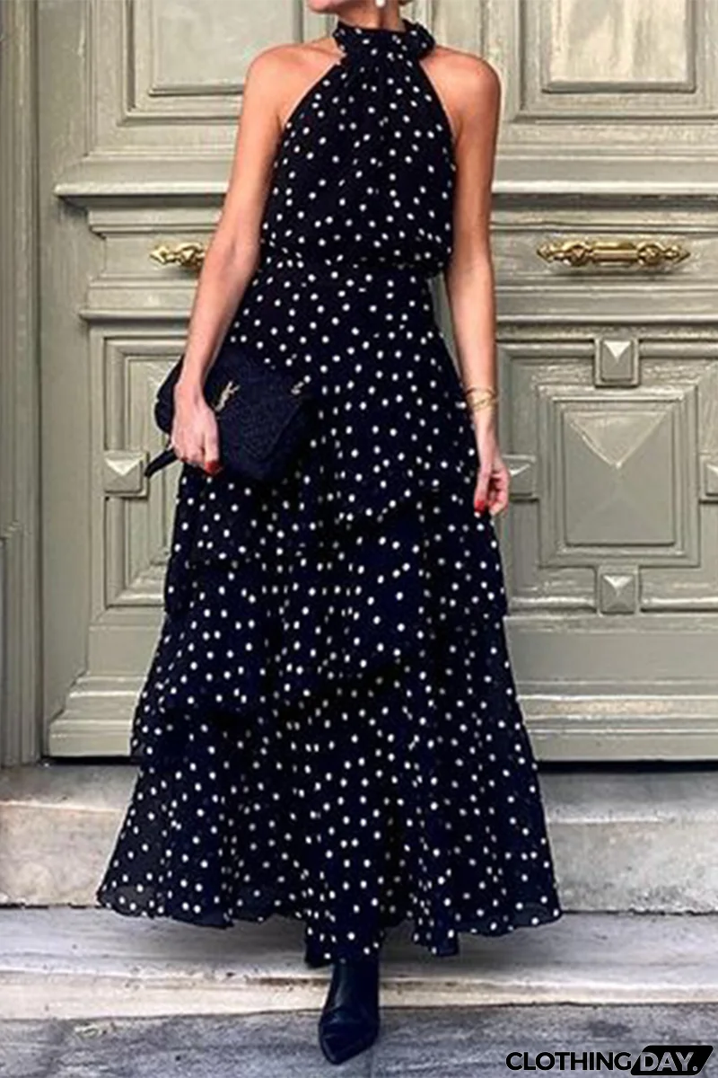 Street Daily Polka Dot Ruffle Zipper Halter Sleeveless Dresses