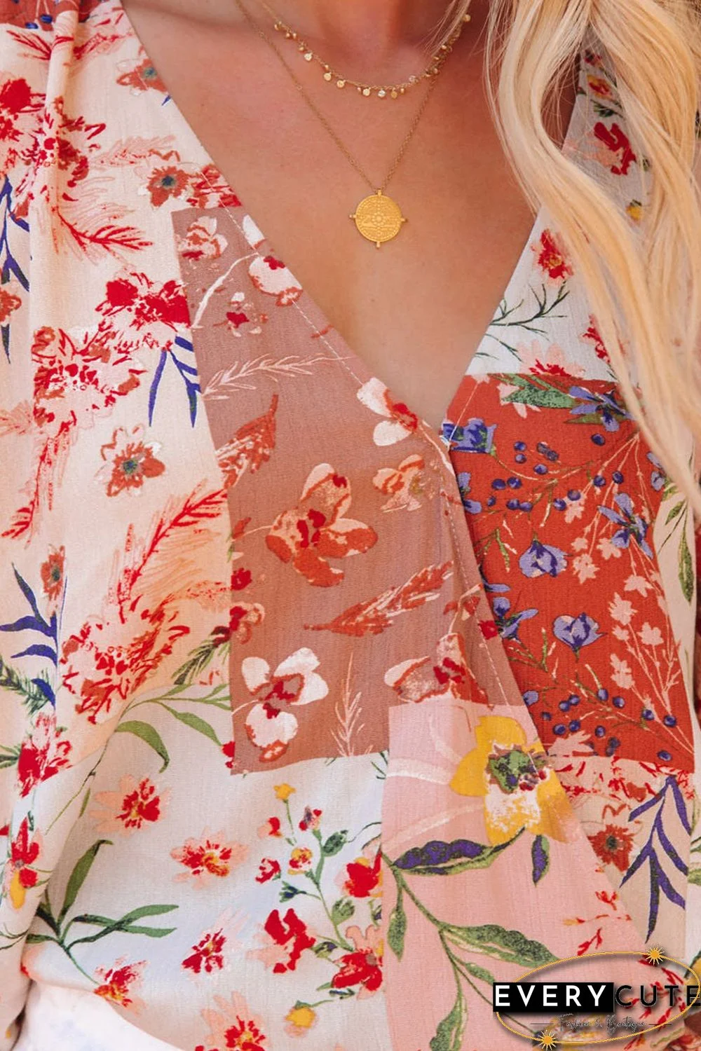 Multicolor Floral Print Patchwork Wrap V Neck Blouse
