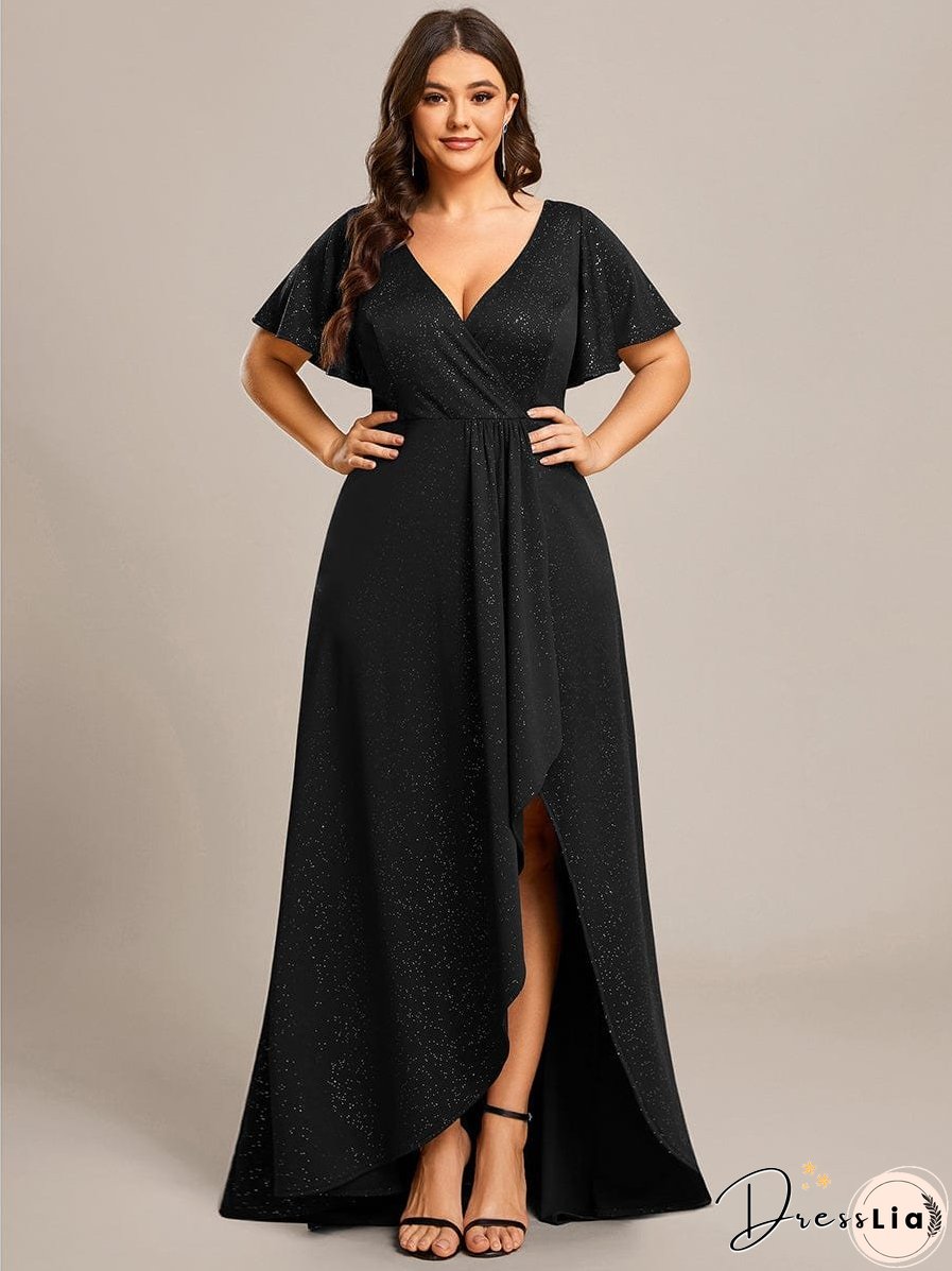 Ruffled Sleeve Tea Length Evening Dress with Side Split