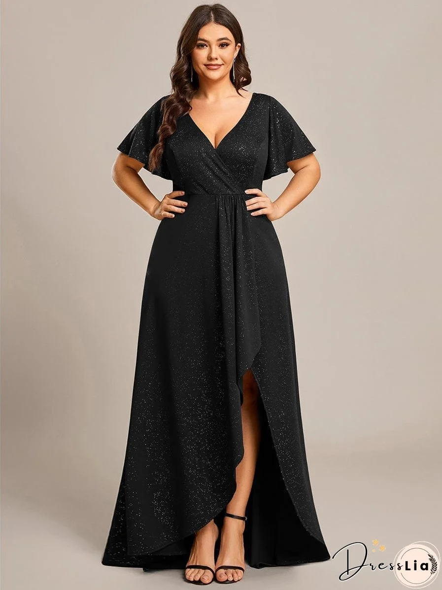 Ruffled Sleeve Tea Length Evening Dress with Side Split