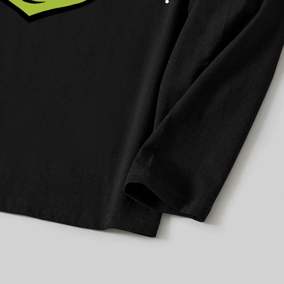 Christmas Cartoon Pattern Print Black Long Sleeve Top with Red & White & Green Plaid Family Matching Pajamas