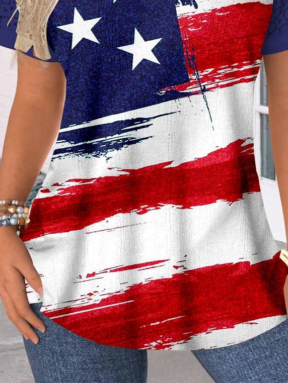 Women's Short Sleeve V-neck Graphic Printed Lace Stitching Top