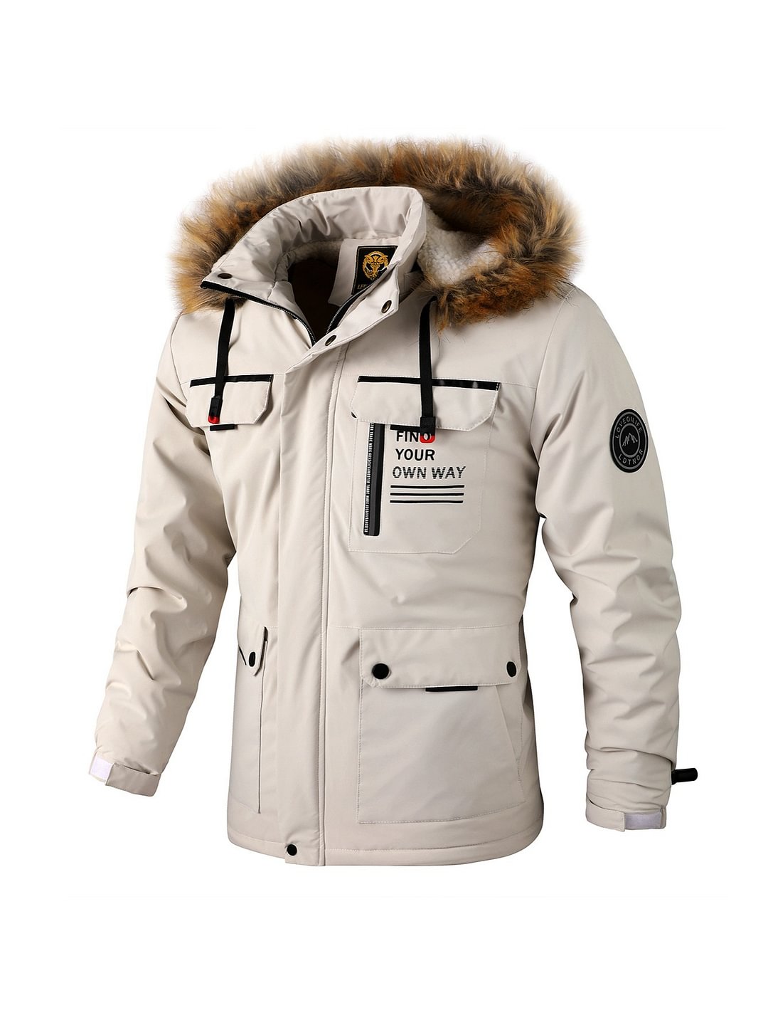 New Fall/Winter Men's Waterproof Flap Pocket Padded Jacket With Faux Fur Hoodie