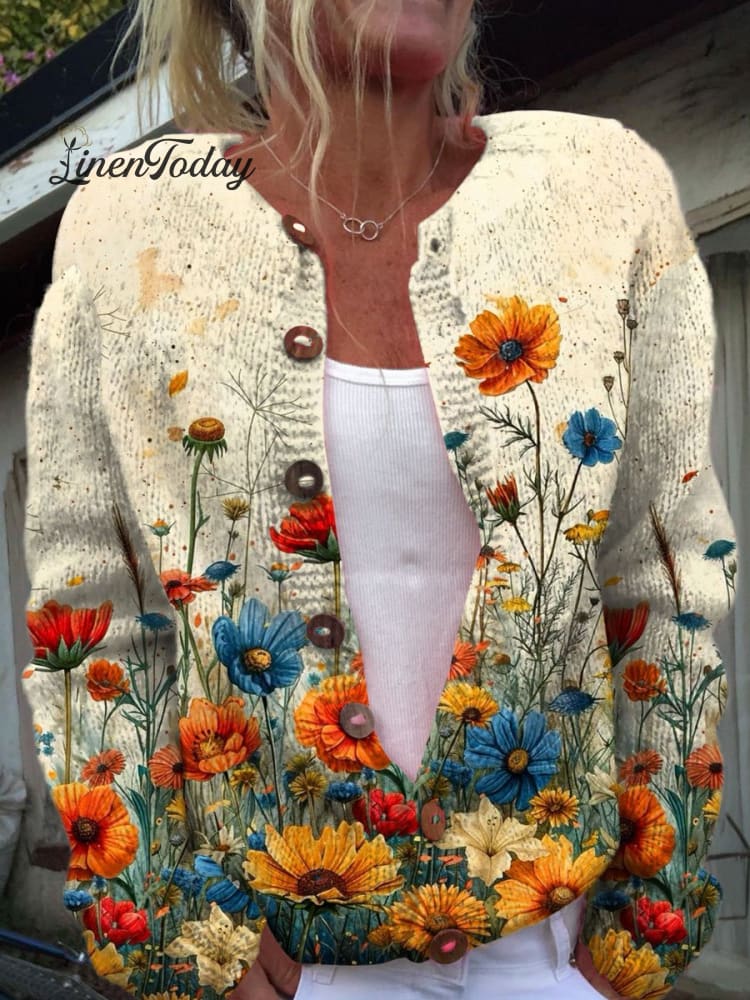 Vintage Flower Art Print Buttoned Cardigan Sweater Multicolor / S