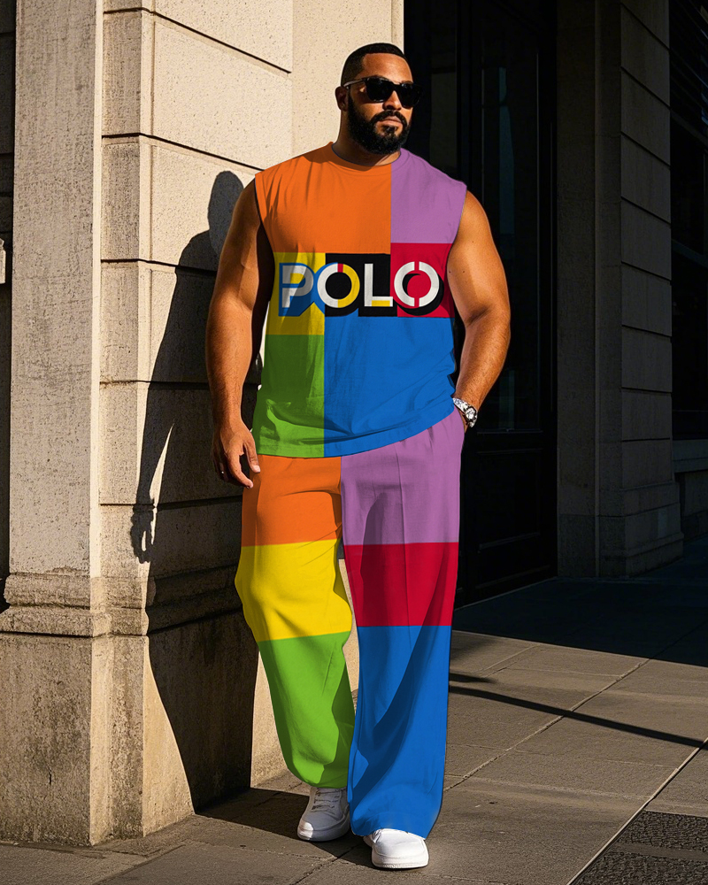 Big Men's Casual POLO Letter & Colorful Plaid Color Block Printed Sporty Vest and Pants Set