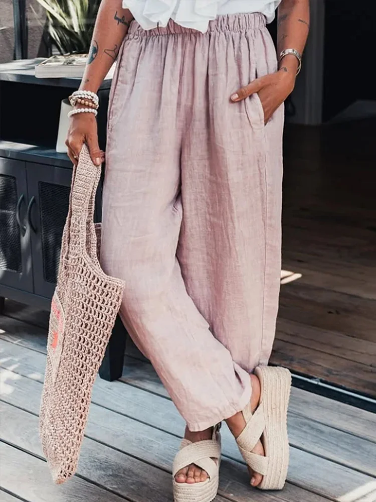 Womens Simple Elastic Waist Linen Pants