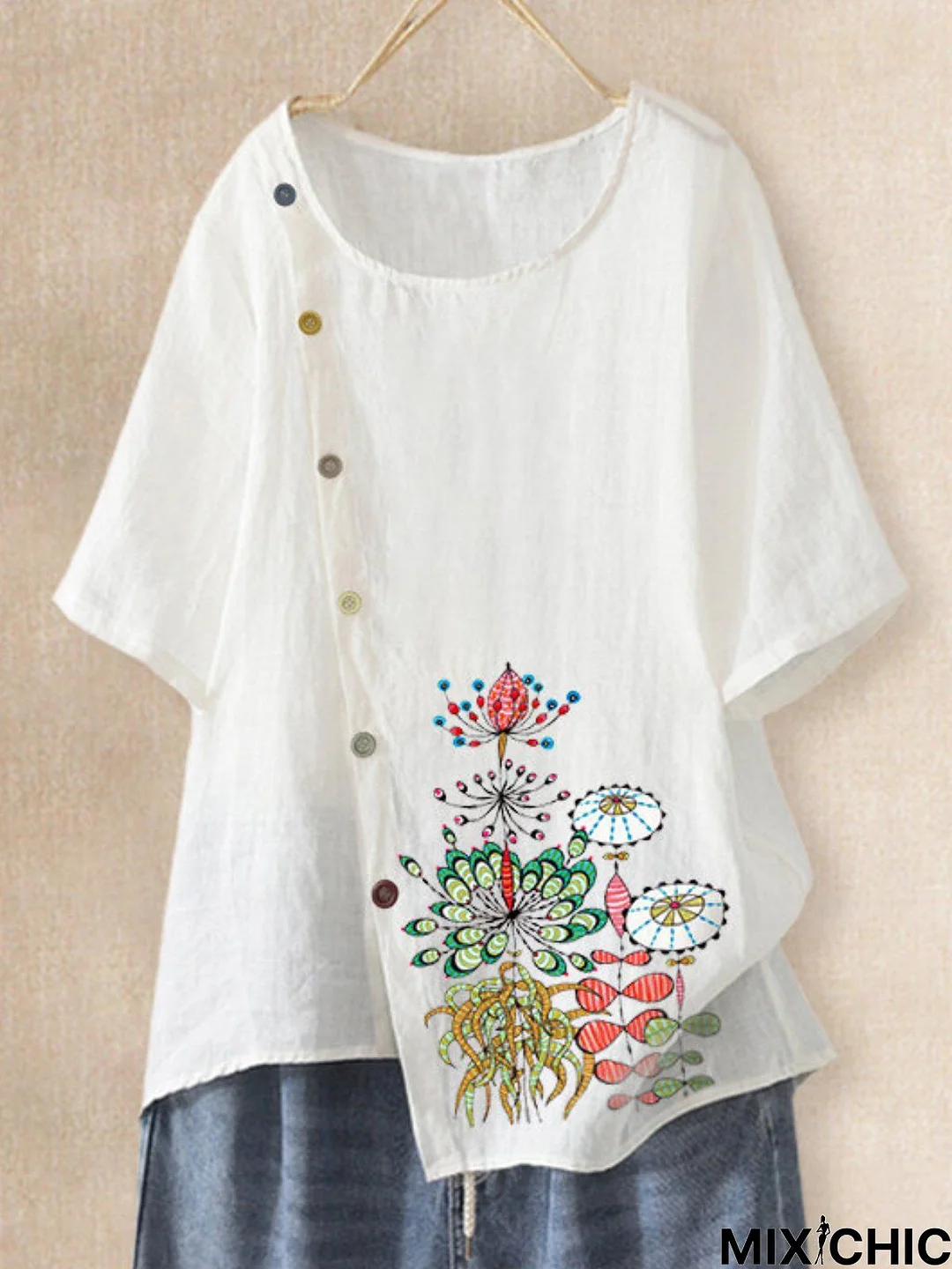 White Floral-Print Round Neck T-shirt