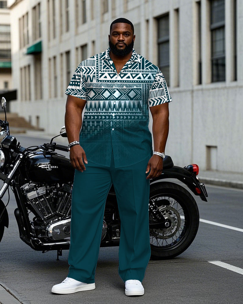 Men's Plus Size Green Gradient Ethnic Pattern Short Sleeve Shirt Trousers Suit