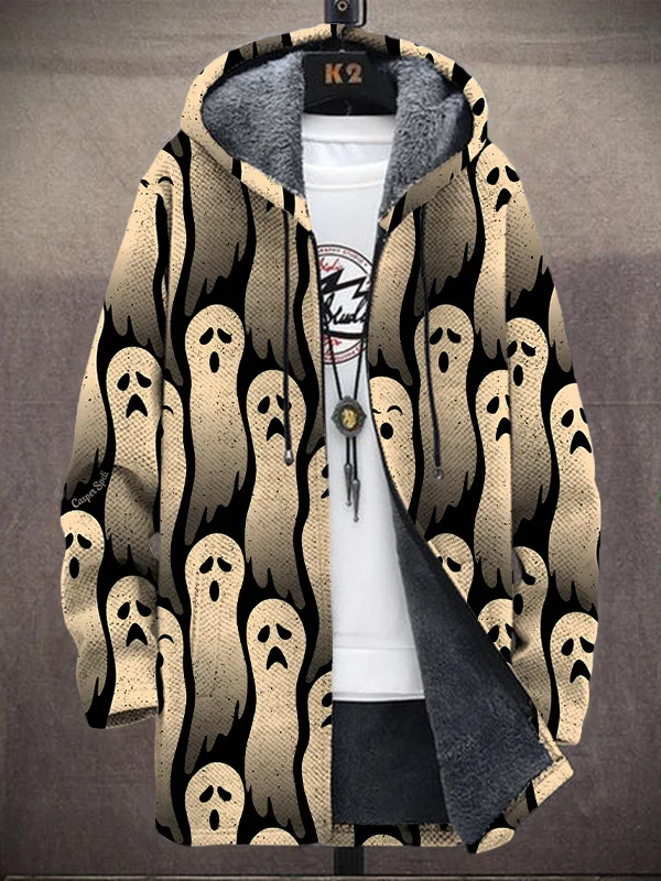 Men's Funny Ghost Halloween Print Hooded Trench Coat