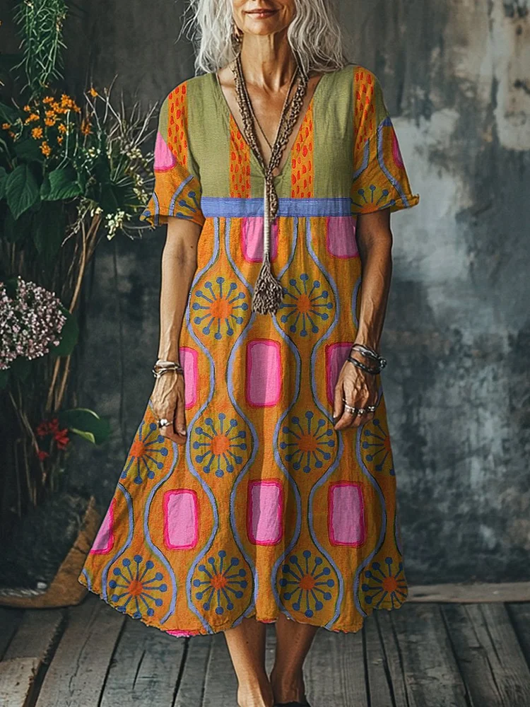 Women's Vintage  Art Print Pocket Cotton Dress