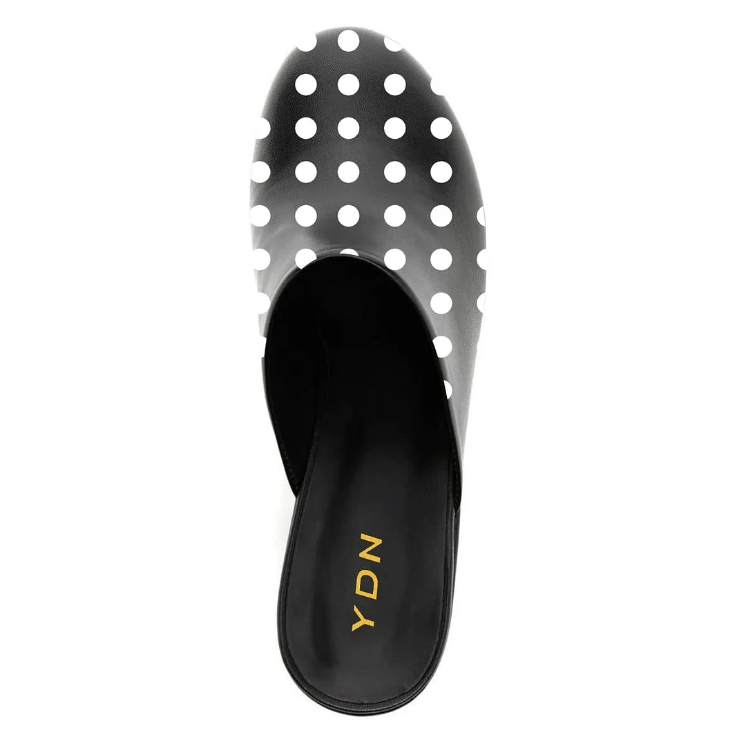 Black & White Round Toe Platform Polka Dot Block Heeled Mules