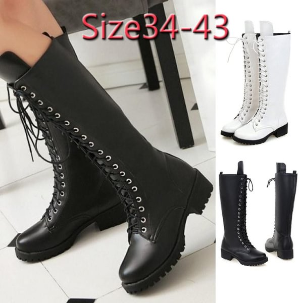 Autumn Winter Women Square Low Heel Riding Motorcycle Heel Knee High Boots Punk Gothic Platform Lace Up Boot - Life is Beautiful for You - SheChoic