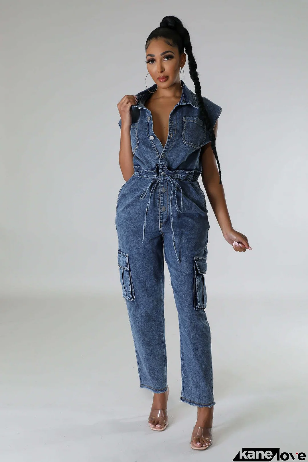 Multi Pocket Denim Button Up Short Sleeve Cargo Jumpsuit [Pre Order]