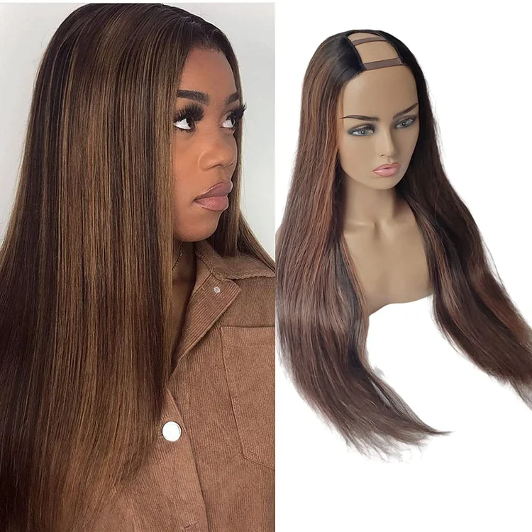 Highlight Brown With Dark Roots Straight U Part Wig/ V Part Wig