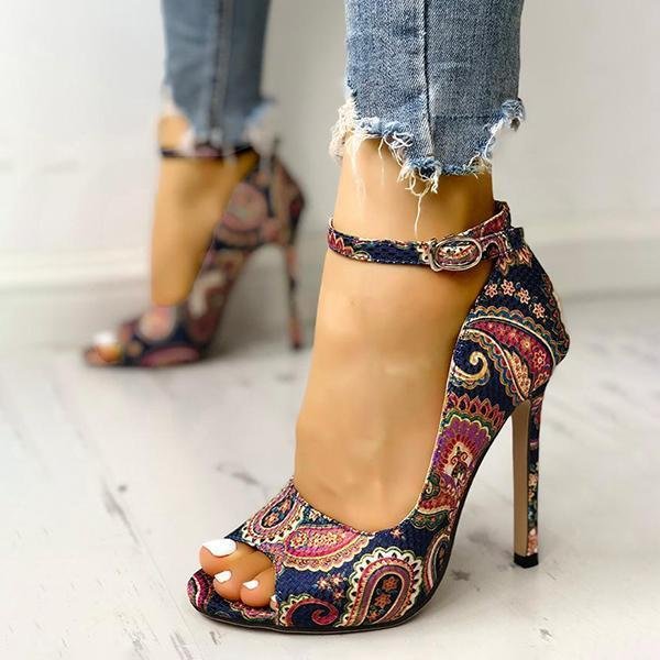 Susiecloths Ethnic Print Peep Toe Ankle Strap Thin Heeled Sandals