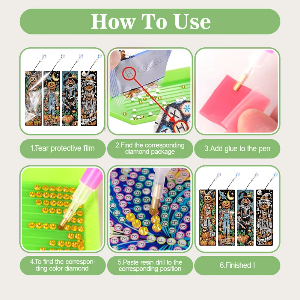 4Pcs Halloween Pumpkin Skull Themed DIY Diamond Painting Bookmark for Book Lover