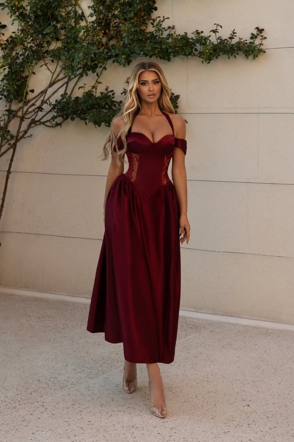 Ovlias Gorgeous Burgundy Off-Shoulders Prom Dress Backless with Lace JQ0043