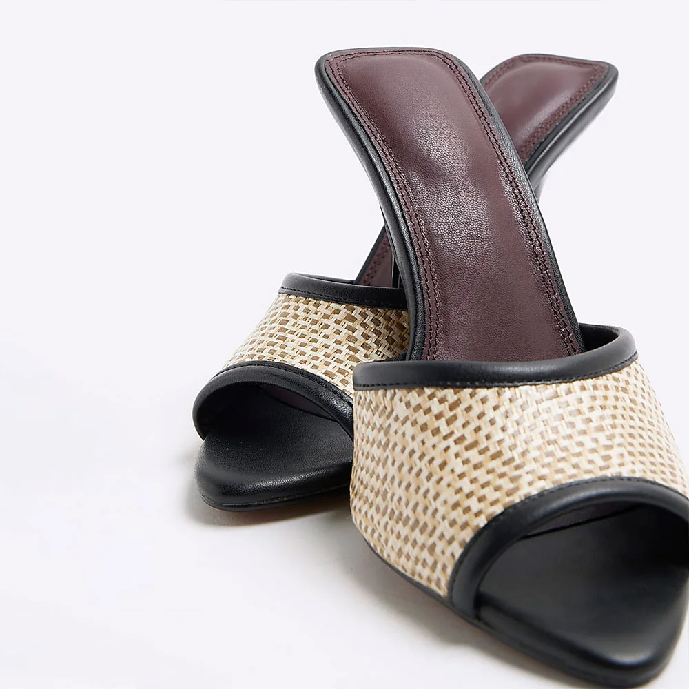 Black & Beige Raffia Peep Toe Stiletto Heel Slide Shoes for Women