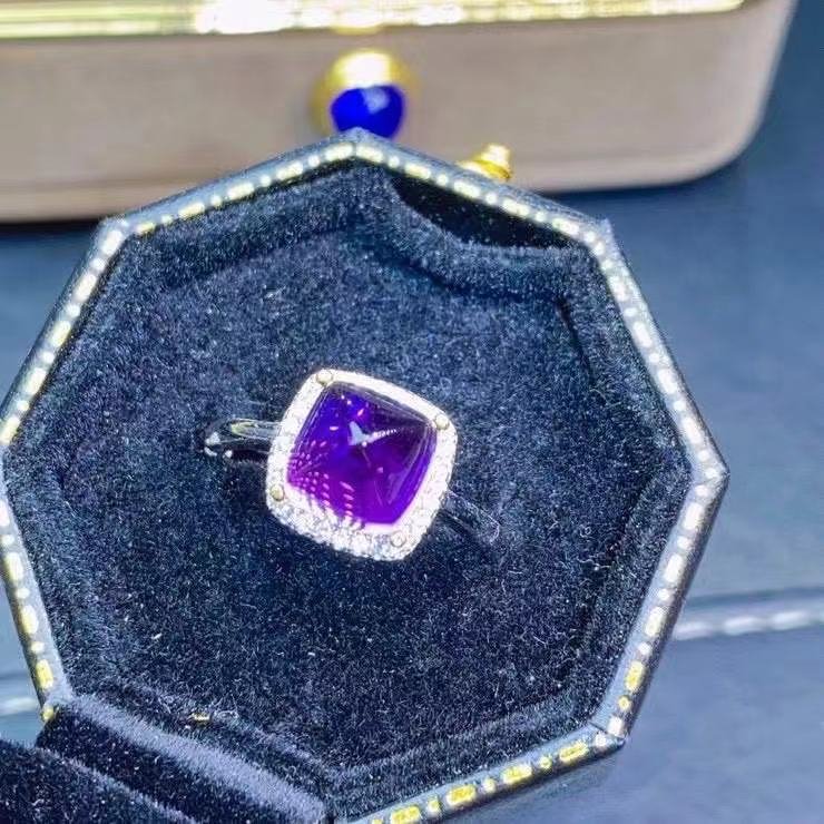 925 Silver Inlaid Natural Amethyst Sugar Tower Ring Vintage Ring