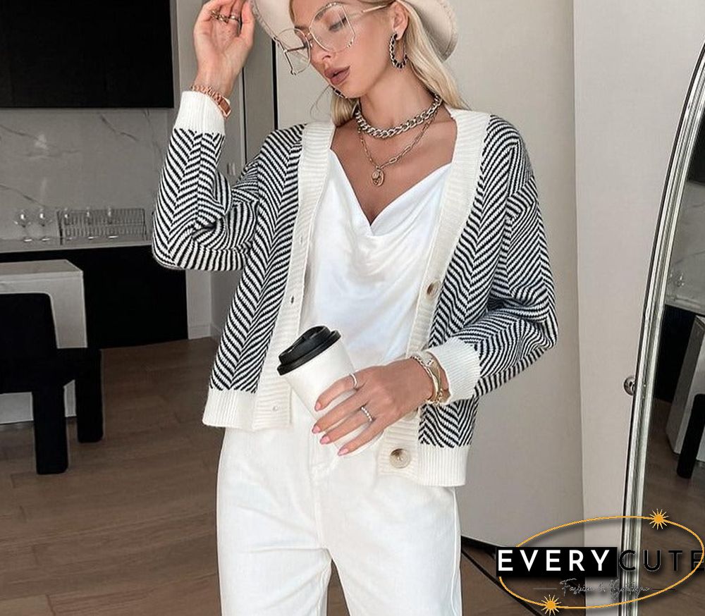 Casual stripes v-neck female cardigan autumn Office lady long sleeve women cardigan sweater Basic fashion short top coat