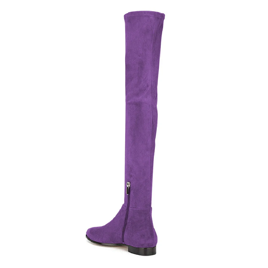 Round Toe Vegan Suede Low Heel Over The Knee Boots in Purple