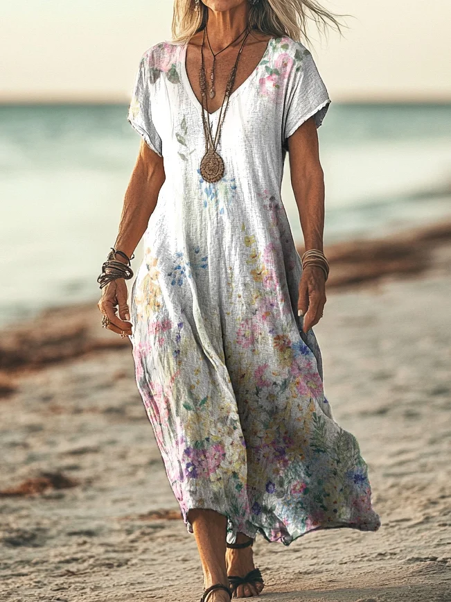 Women's Floral Pattern Printed Short Sleeve Pocket Cotton Linen Dress