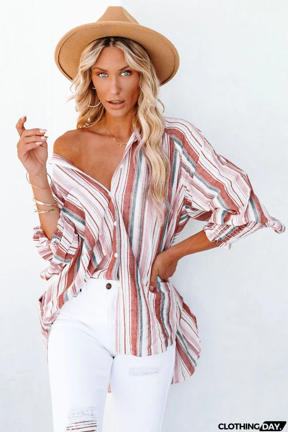 Pocketed Striped Button Shirt with Slits