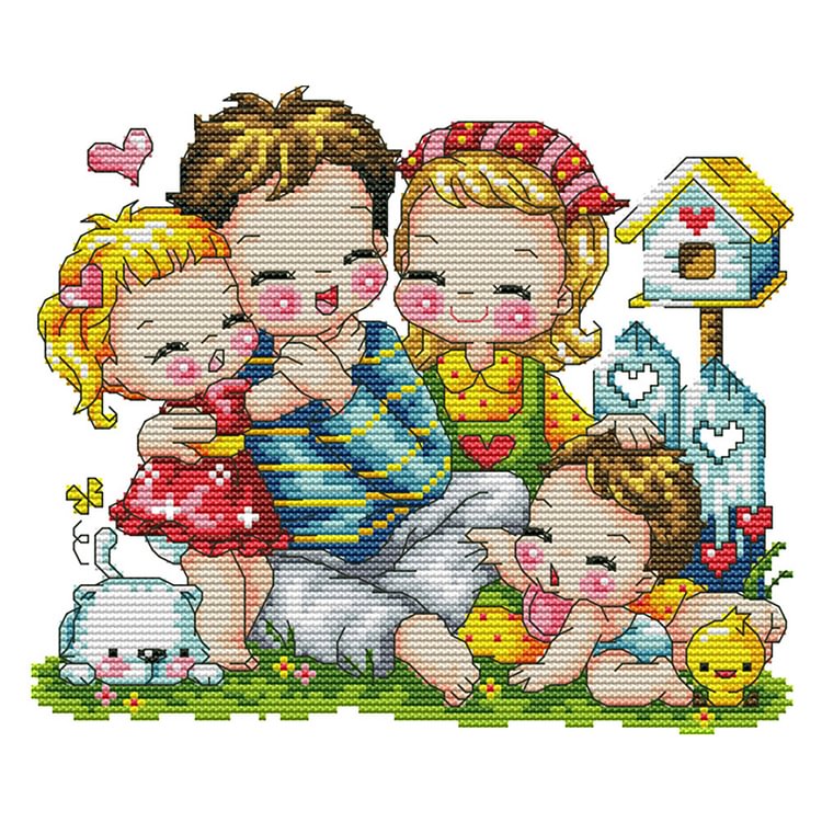 14CT Joy Sunday Stamped Cross Stitch - Happy Family(27*22cm)