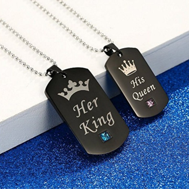 Valentine's Day KING QUEEN Titanium Steel Couple Crown Crystal Diamond Pendant