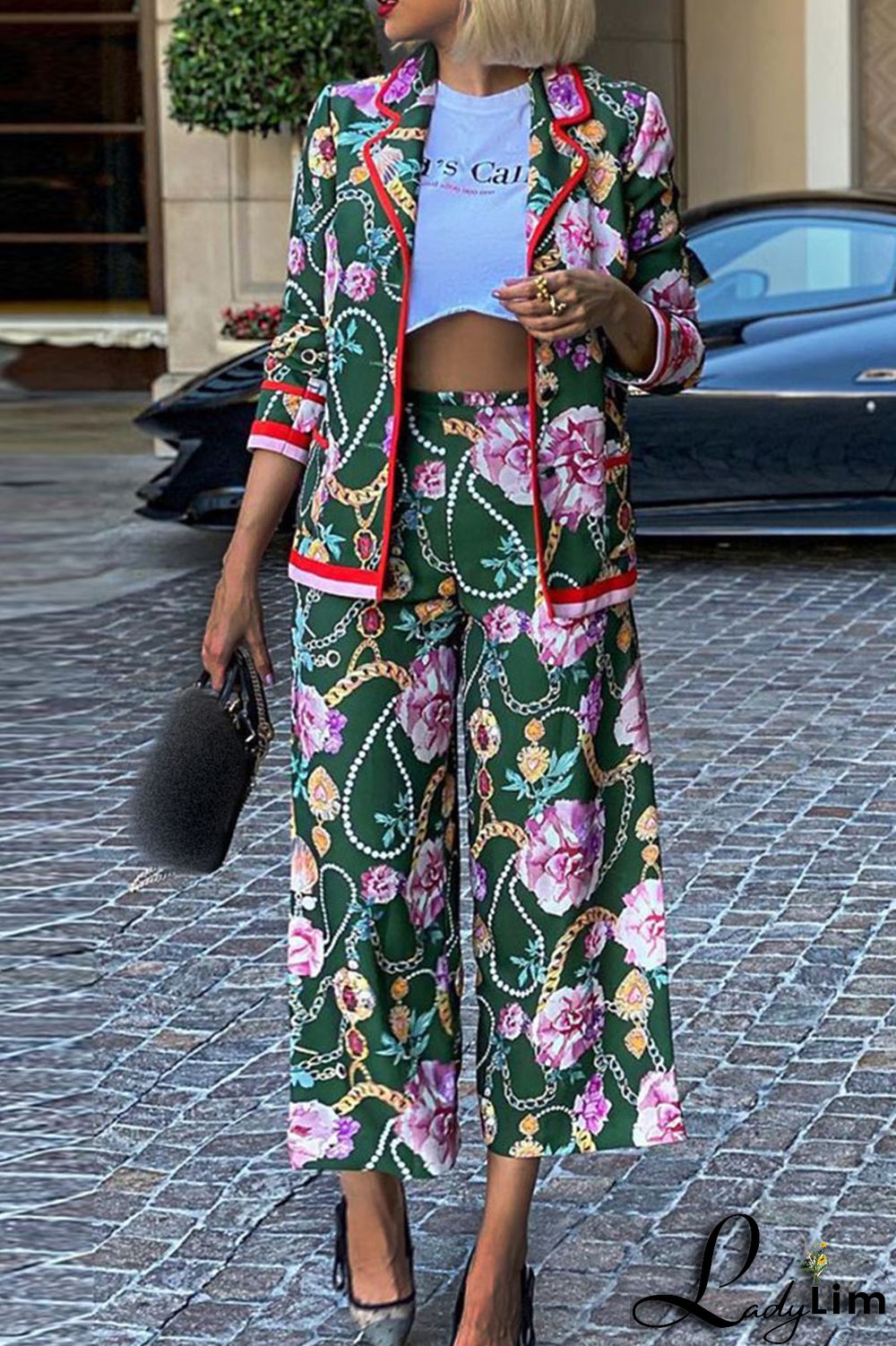Green Fashion Casual Print Split Joint Buckle Turn-back Collar Long Sleeve Two Pieces