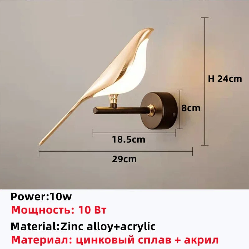 Modern LED Wall Lamp Creative Magpie Bird Lights For Living Room Bedroom Bedside Lamps Indoor Home Decoration Night Light Golden