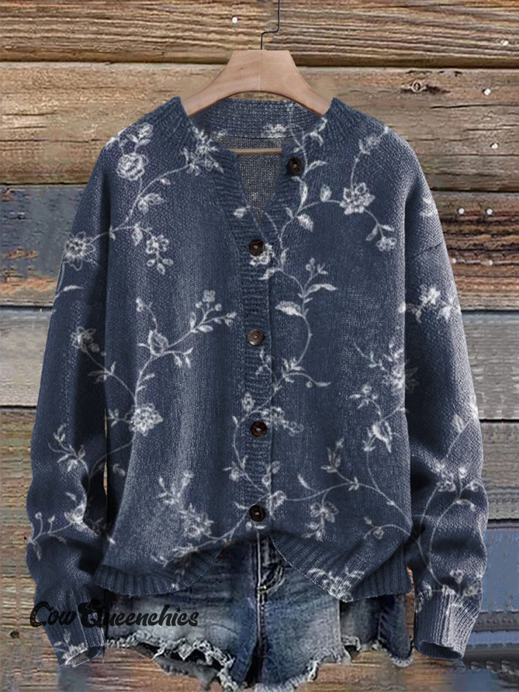 Vintage Flowers Print Buttoned Cardigan Sweater Multicolor / S