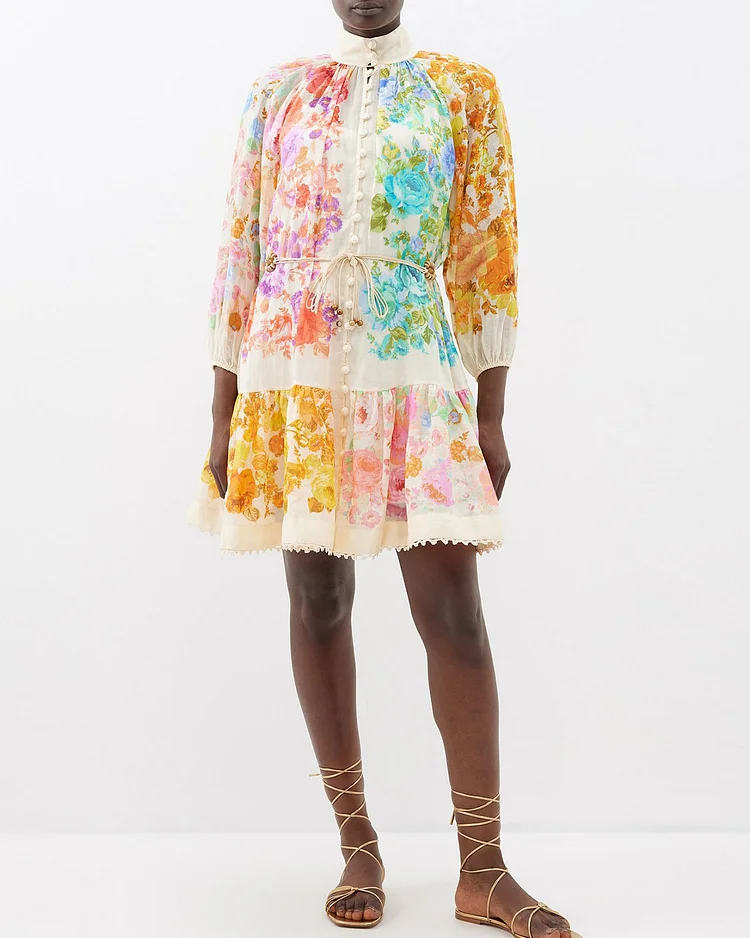 Print Raie floral-print linen mini shirt dress 