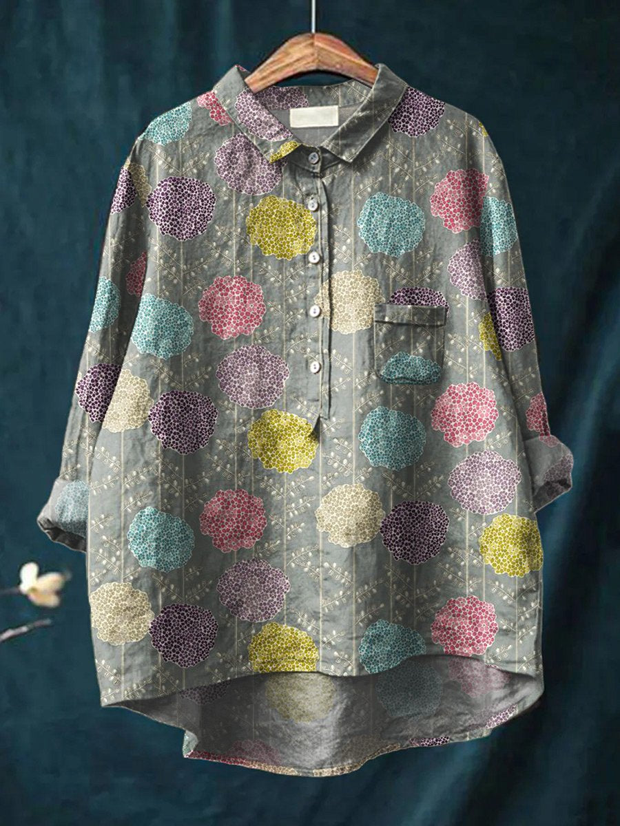 Women's Floral Art Print Casual Cotton And Linen Shirt