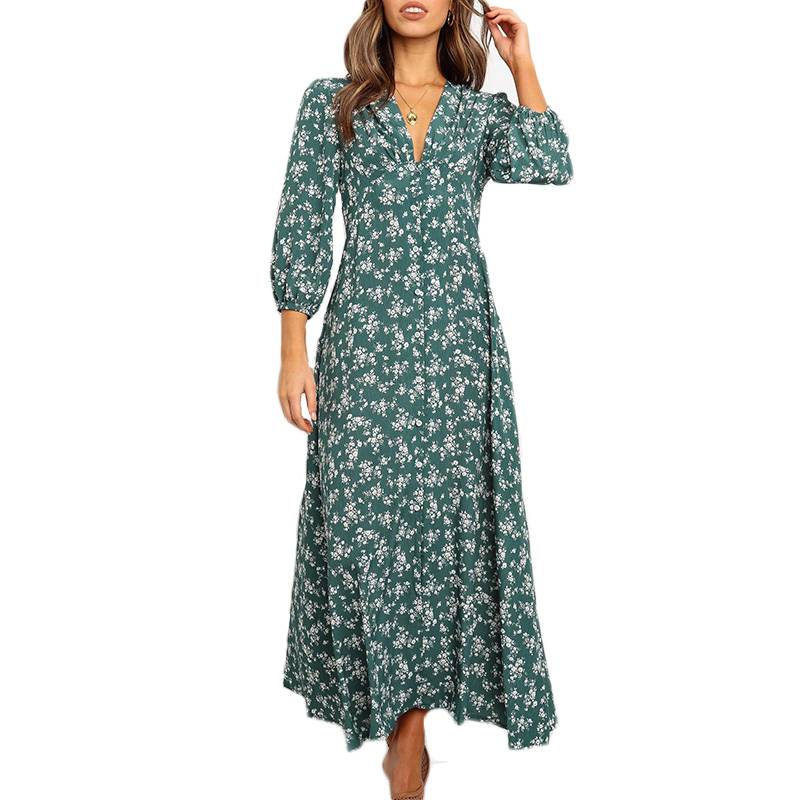 Fashion Floral V Neck Puff Sleeve Retro Vintage Maxi Dress