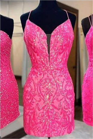 Lvs&Broner Chic Sequins Spaghetti Strap Sleeveless Short Homecoming Dress with Applique