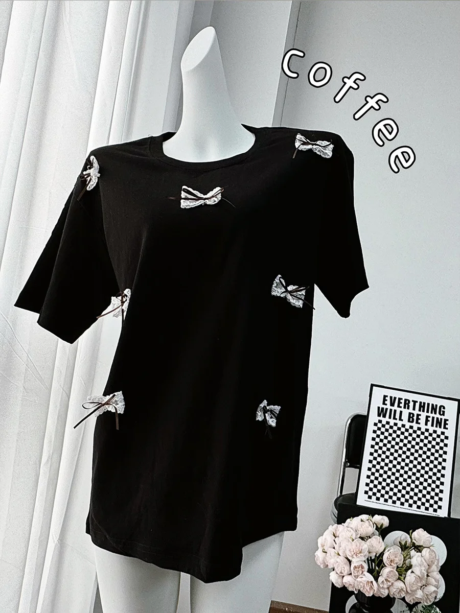 Athvotar Athvotar Spring And Summer New Sweet Bow Splicing Short-Sleeved T-Shirt Women's Round Collar Loose Cotton Top