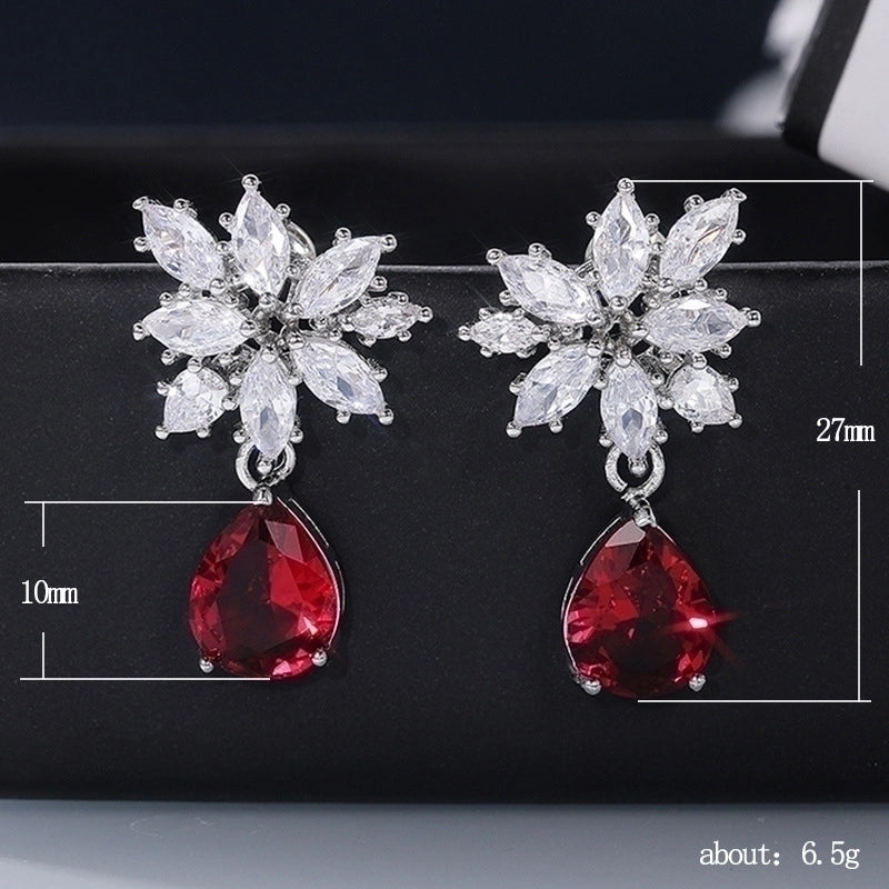 Fashion New Inlaid Water Drop Pear-shaped Red Zircon Copper Earrings