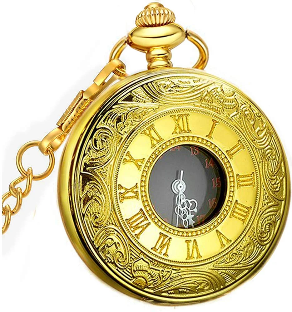 Black Pocket Watch Roman Pattern Steampunk Retro Vintage Quartz Roman Numerals Pocket Watch for Xmas Fathers Day Gift