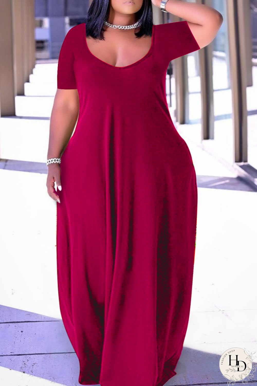 Pink Fashion Casual Plus Size Solid Patchwork V Neck Short Sleeve Dress