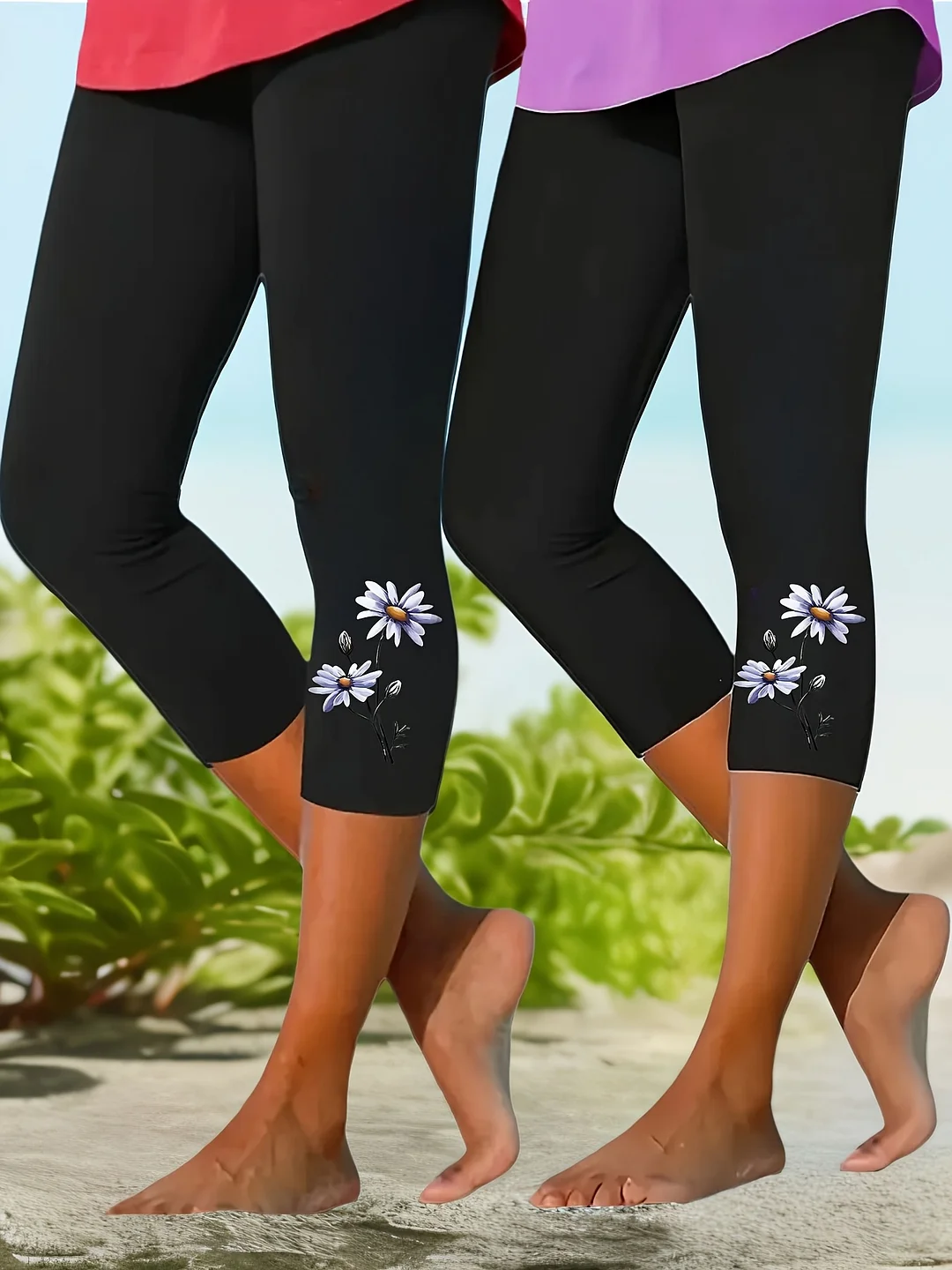 2-Pack Women's Capri Leggings, Printed Fabric, Summer High-Stretch Slim Fit Pants, Elegant Lightweight Breathable 7/8 Length | IFYHOME
