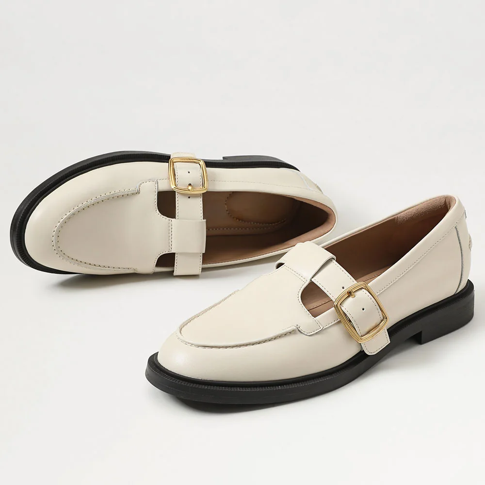 Ivory Buckle T-Strap Round Toe Slip-On Flat Mary Jane Shoes for Women