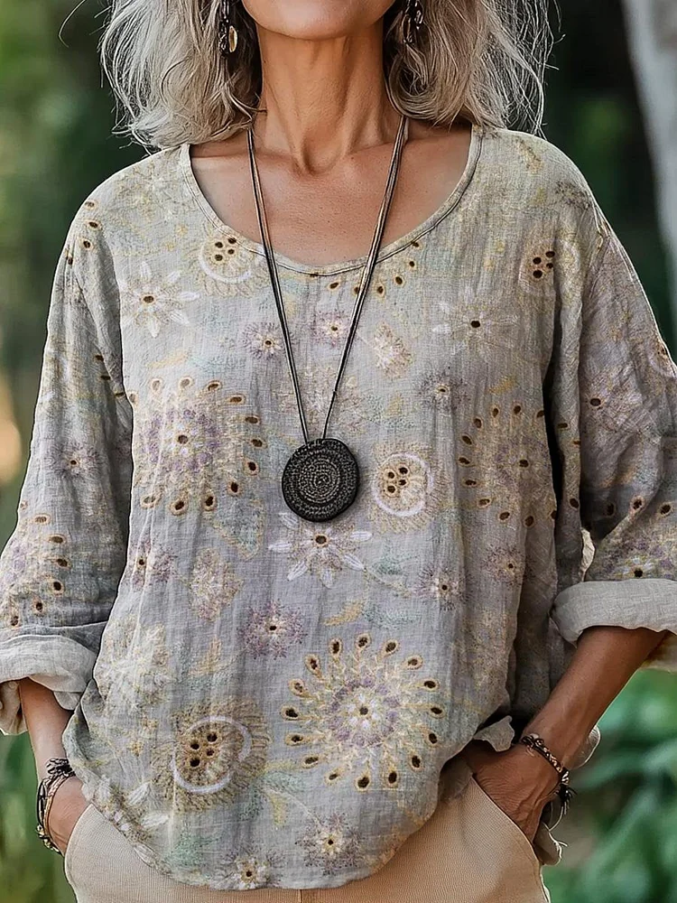 Women's Vintage Ethnic Floral Art Print Casual Cotton And Linen Shirt