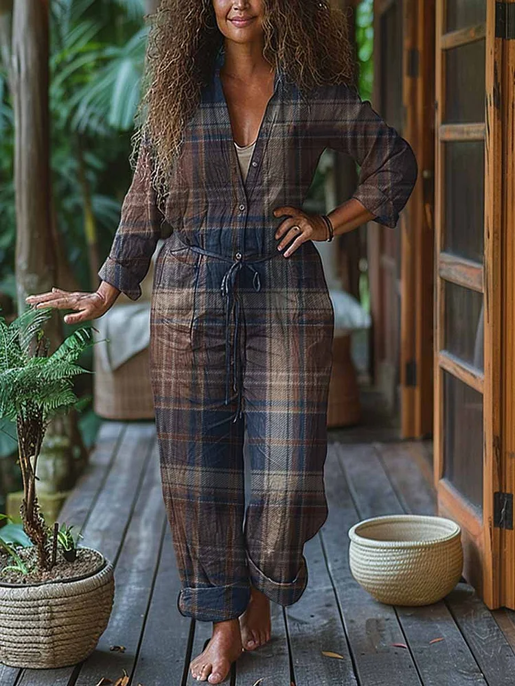 Women's Plaid Print Casual Cotton Wide Leg Jumpsuit