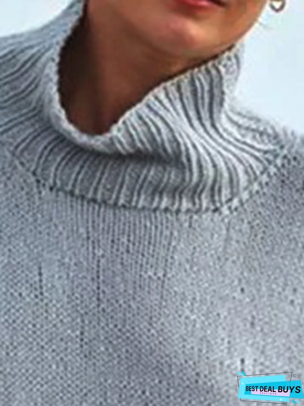 Light-Blue Plain Cotton-Blend Casual Sweater
