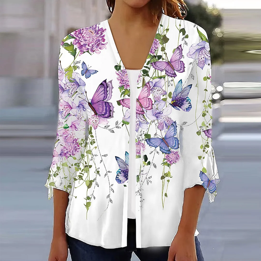 Women's Shirt Blouse White Red Purple Graphic Floral Print 3/4 Length Sleeve Casual Basic V Neck Regular Floral S