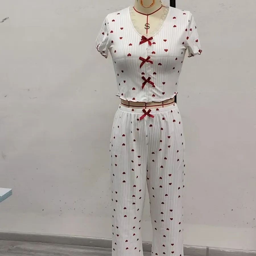 Brownm Hot Sales Of Printed Home Clothes Rolls Love V Collar Long Sleeves Pajamas Women Can Wear Trousers Two Sets